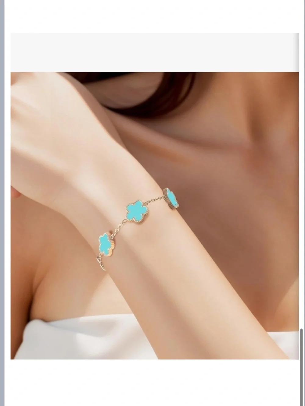 18K Gold Blue Clover Charm Bracelet Van Cleef Style Dainty Alhambra Chain Luxury